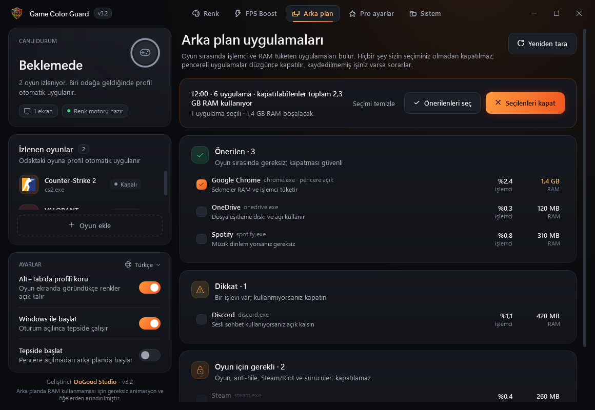 Arka plan uygulamaları sayfası: işlemci ve RAM kullanımıyla liste