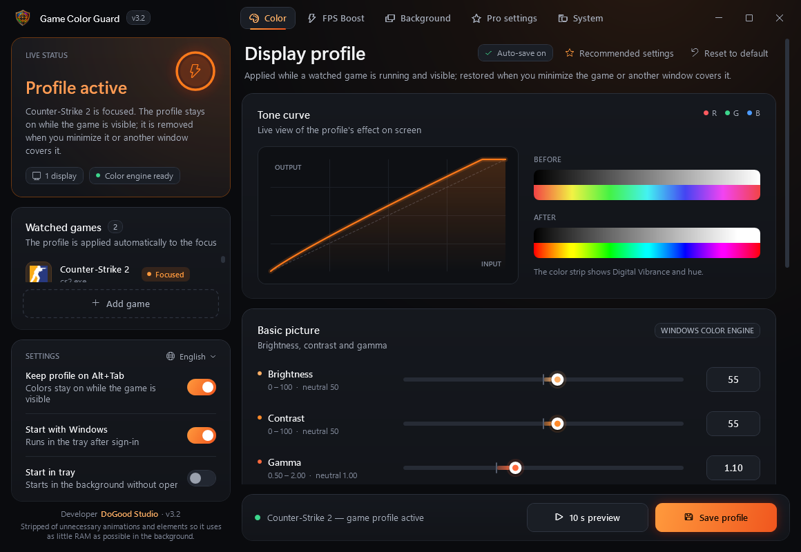 Color profile page: tone curve, brightness, contrast, gamma and digital vibrance