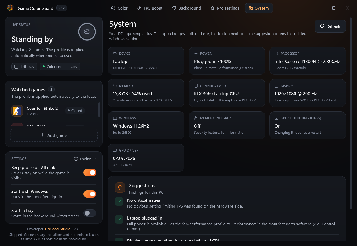 System page: RAM, CPU, graphics card and advice