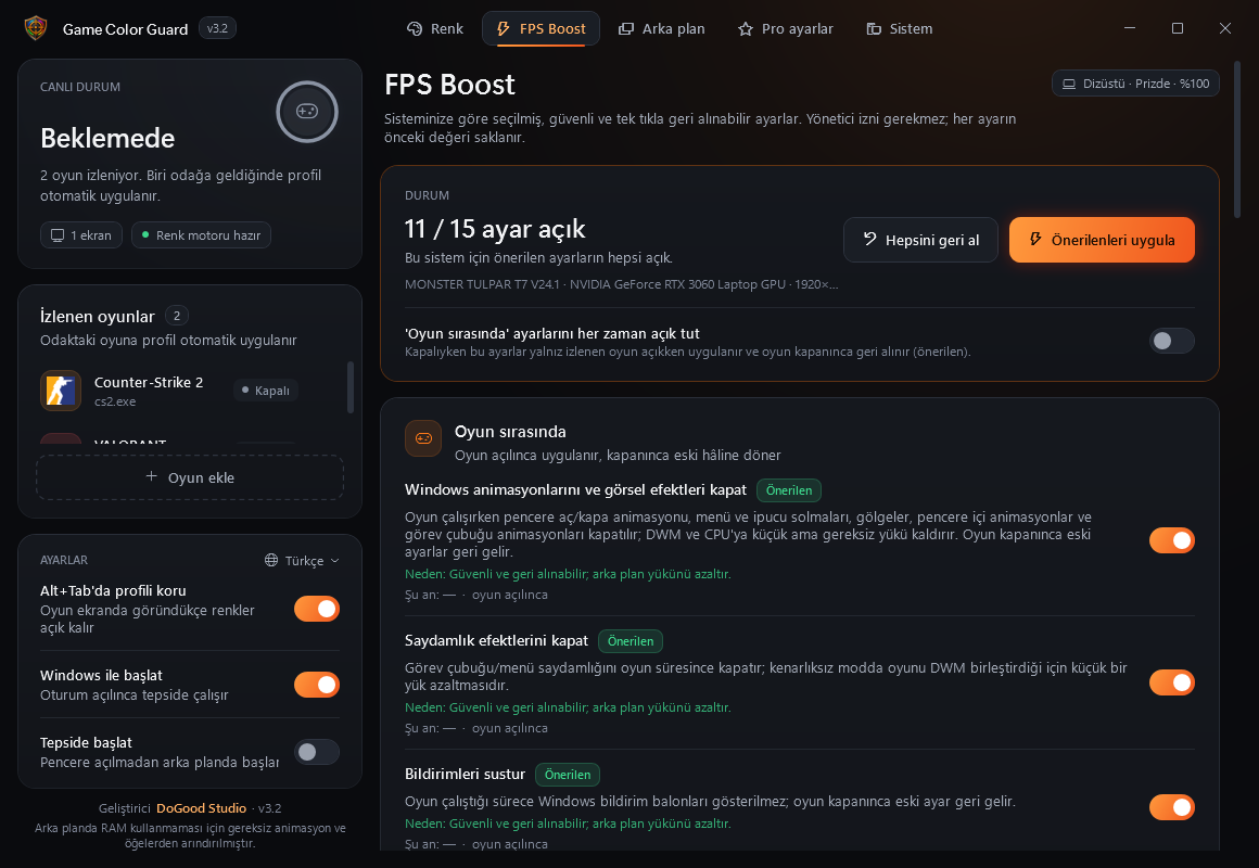 FPS Boost sayfası: sisteme göre önerilen güvenli Windows ayarları