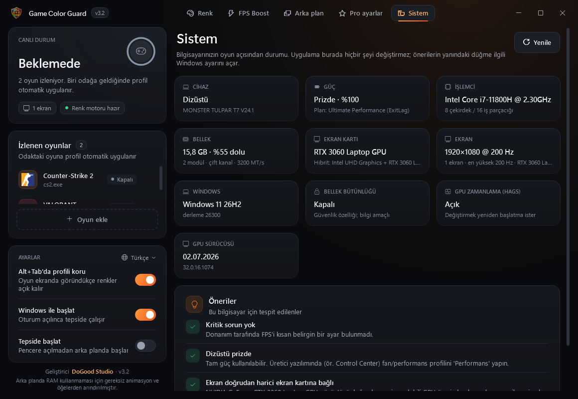 Sistem sayfası: RAM, işlemci, ekran kartı ve öneriler